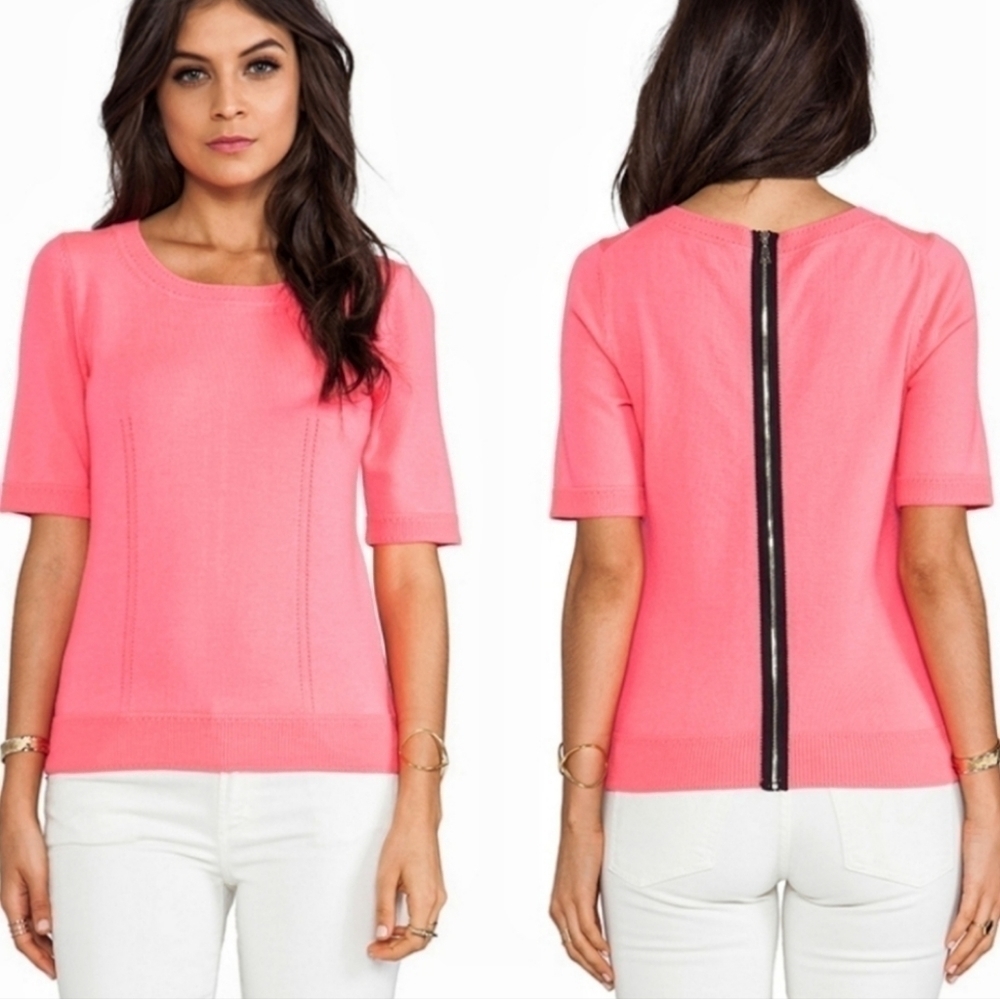Milly Knit Zip Back Merino Wool Sweater Back Zipper in Fluo Coral